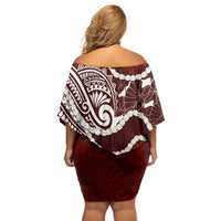 Aloha Hawaii Kalo Pikake Lei Family Matching Off Shoulder Short Dress and Hawaiian Shirt Chest Tattoo Oxblood Hawaiian Pattern