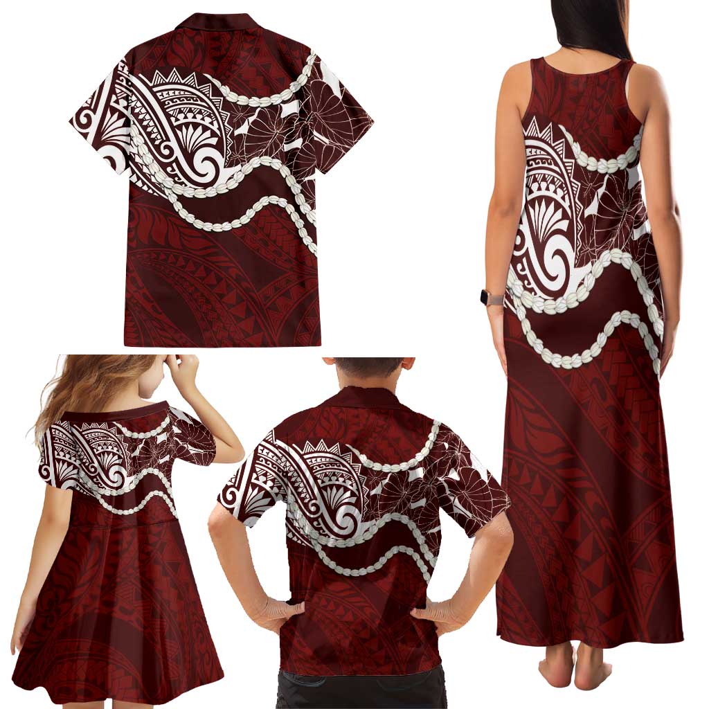 Aloha Hawaii Kalo Pikake Lei Family Matching Tank Maxi Dress and Hawaiian Shirt Chest Tattoo Oxblood Hawaiian Pattern