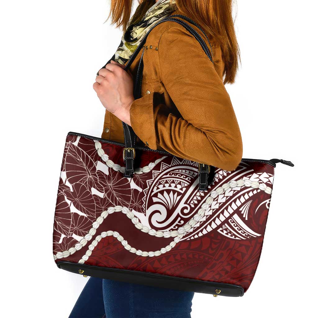 Aloha Hawaii Kalo Pikake Lei Leather Tote Bag Chest Tattoo Oxblood Hawaiian Pattern LT14 Oxblood - Polynesian Pride