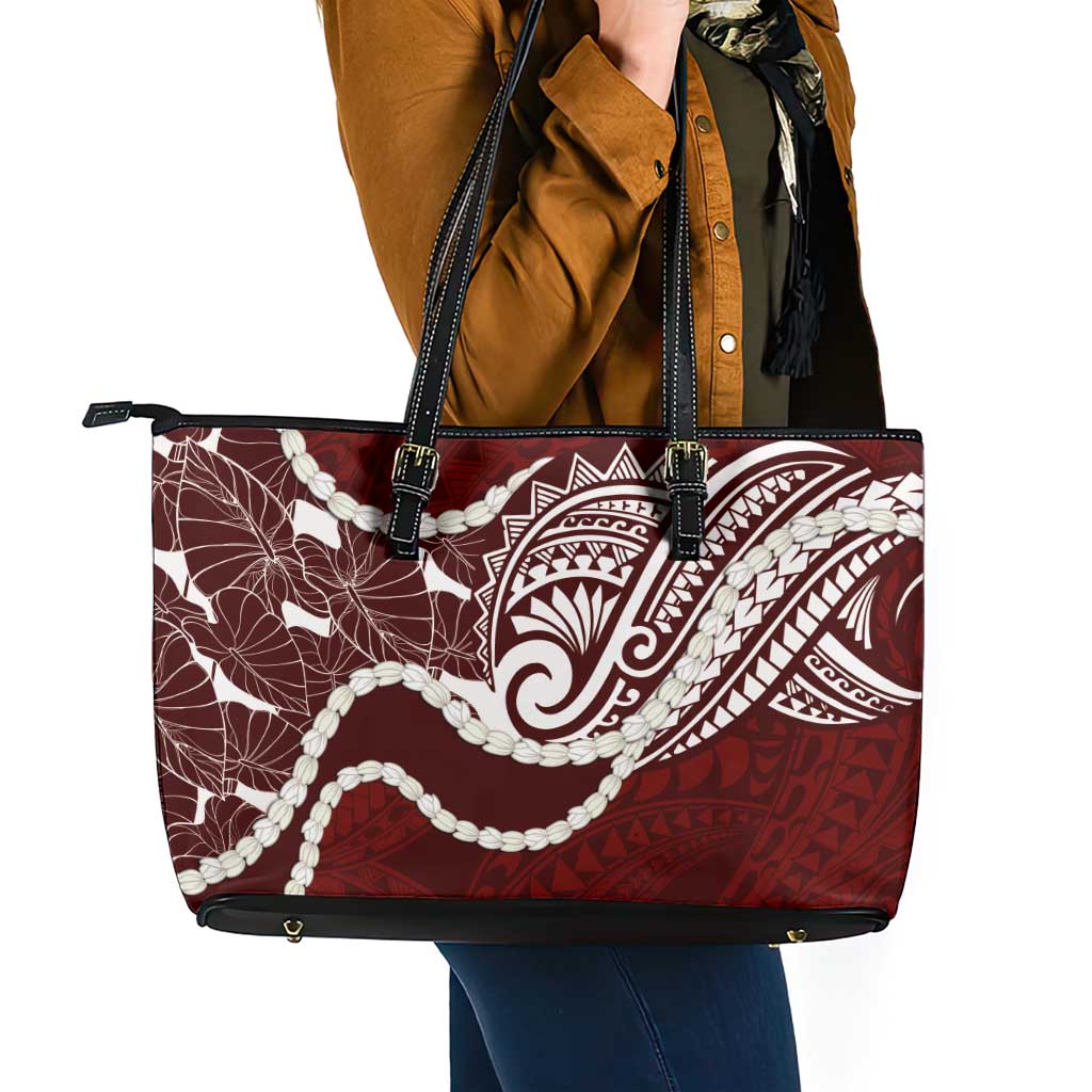 Aloha Hawaii Kalo Pikake Lei Leather Tote Bag Chest Tattoo Oxblood Hawaiian Pattern LT14 - Polynesian Pride
