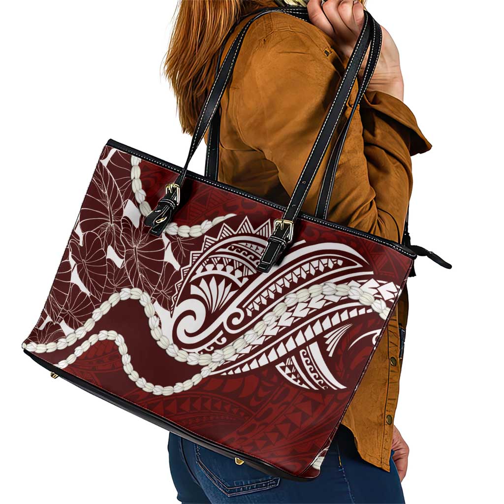 Aloha Hawaii Kalo Pikake Lei Leather Tote Bag Chest Tattoo Oxblood Hawaiian Pattern LT14 - Polynesian Pride
