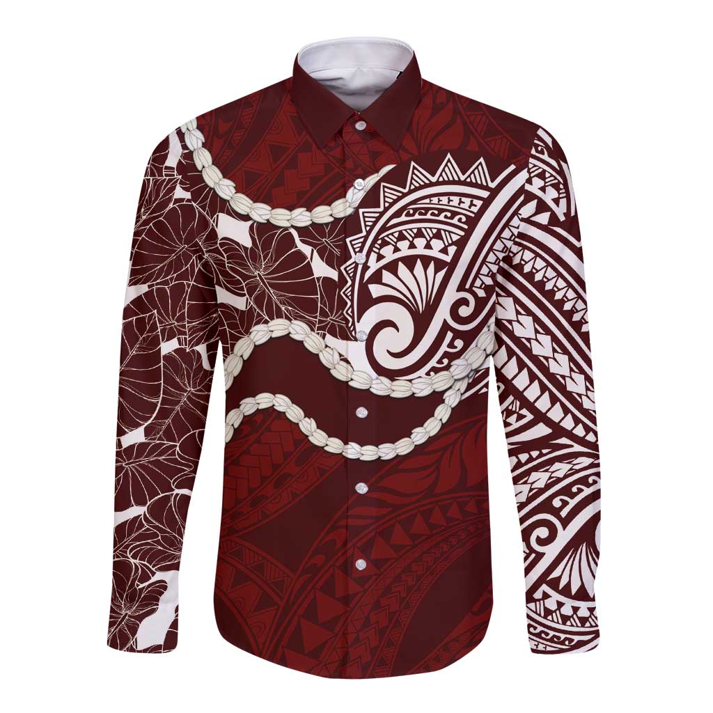 Aloha Hawaii Kalo Pikake Lei Long Sleeve Button Shirt Chest Tattoo Oxblood Hawaiian Pattern LT14 Unisex Oxblood - Polynesian Pride