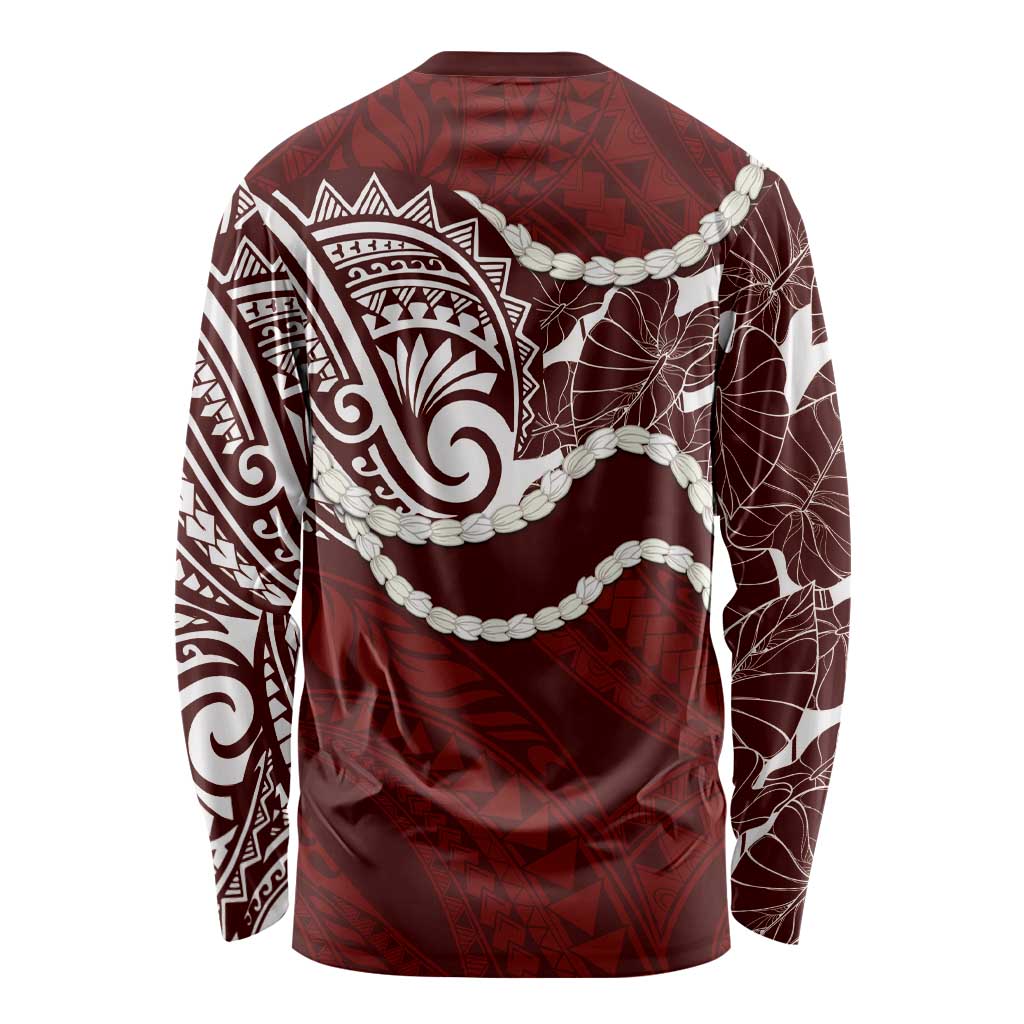 Aloha Hawaii Kalo Pikake Lei Long Sleeve Shirt Chest Tattoo Oxblood Hawaiian Pattern LT14 - Polynesian Pride