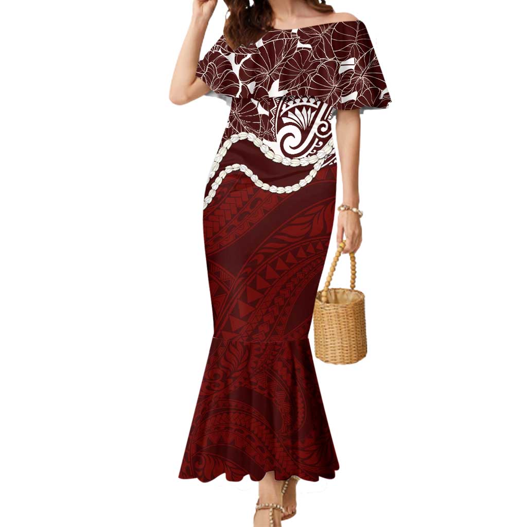 Aloha Hawaii Kalo Pikake Lei Mermaid Dress Chest Tattoo Oxblood Hawaiian Pattern LT14 Women Oxblood - Polynesian Pride