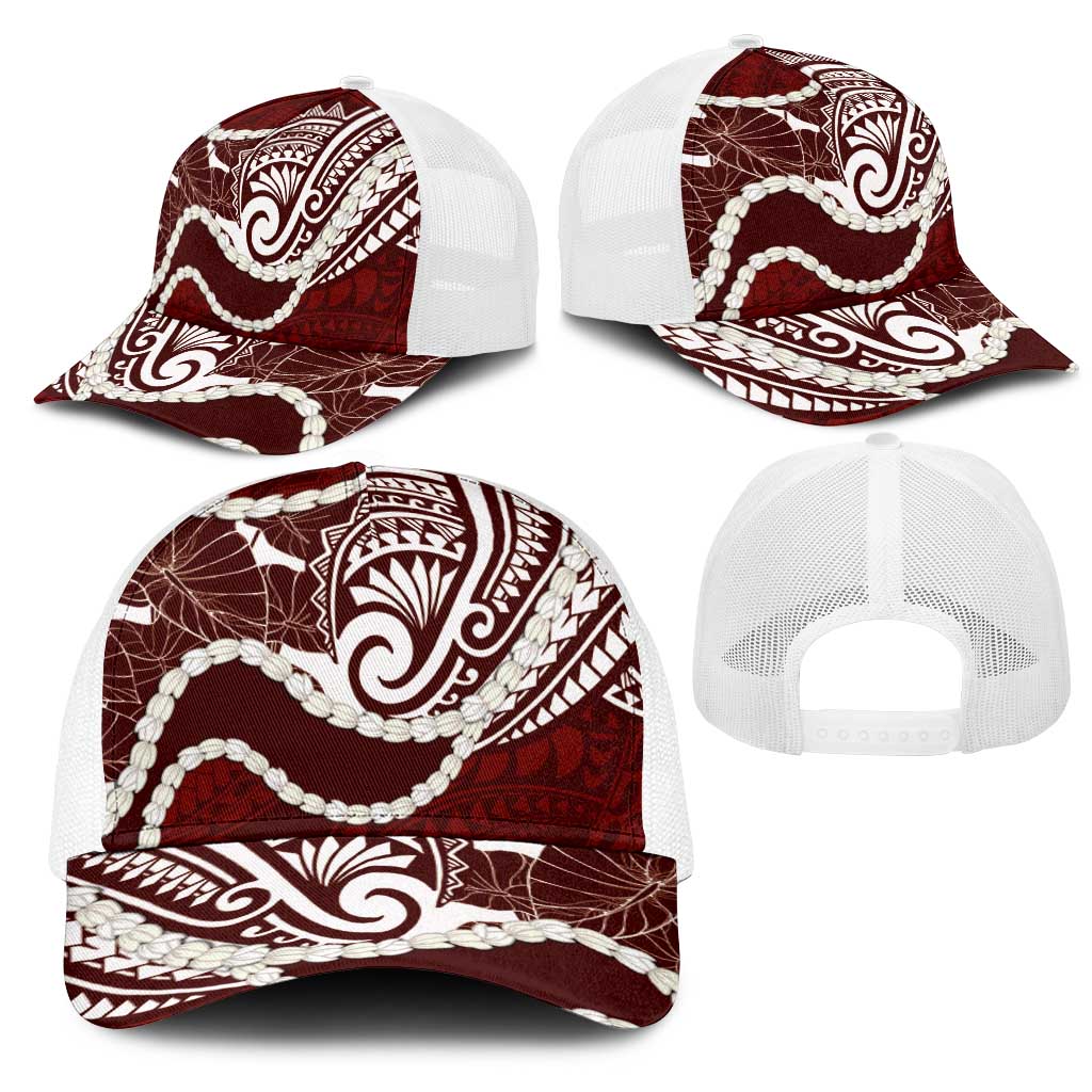 Aloha Hawaii Kalo Pikake Lei Mesh Trucker Cap Chest Tattoo Oxblood Hawaiian Pattern LT14 - Polynesian Pride