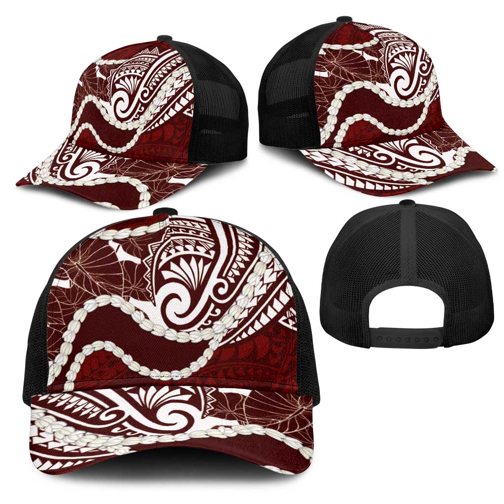 Aloha Hawaii Kalo Pikake Lei Mesh Trucker Cap Chest Tattoo Oxblood Hawaiian Pattern LT14 - Polynesian Pride