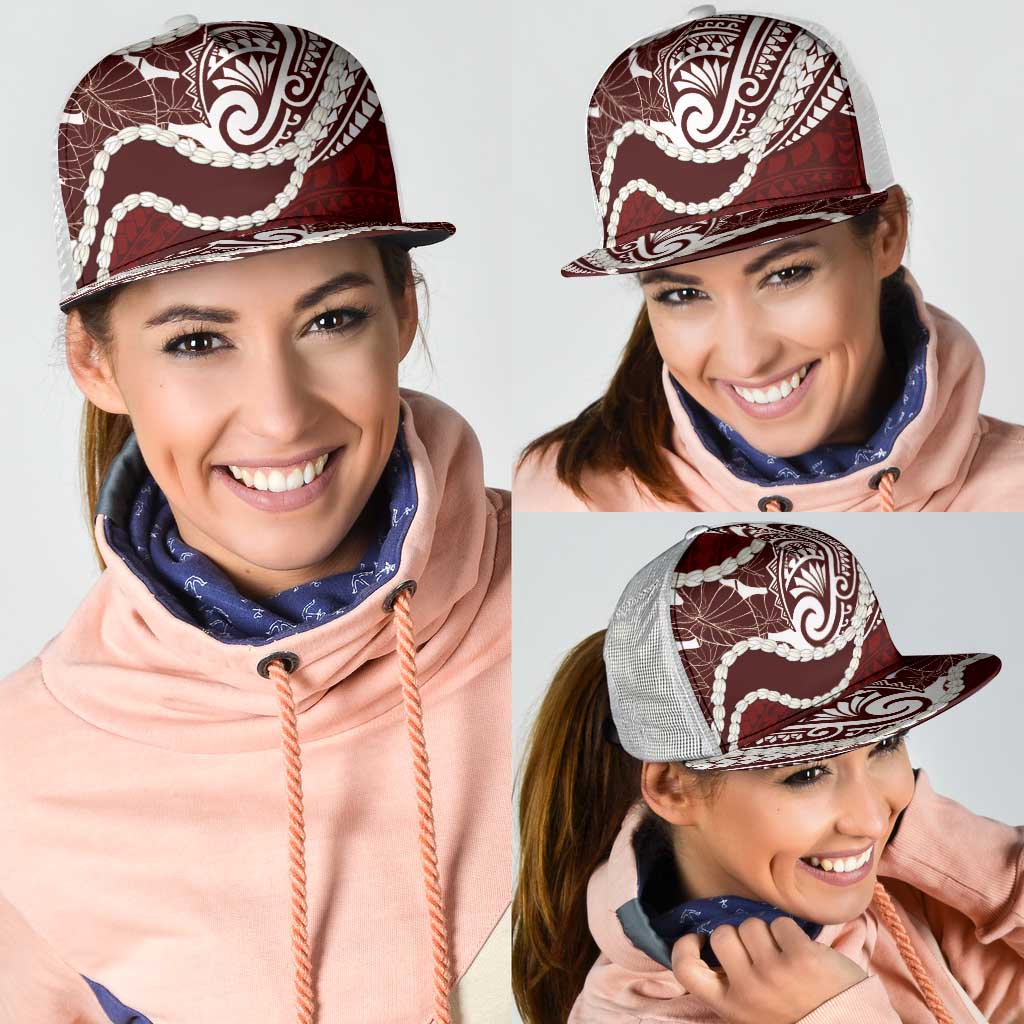Aloha Hawaii Kalo Pikake Lei Mesh Trucker Cap Chest Tattoo Oxblood Hawaiian Pattern LT14 - Polynesian Pride