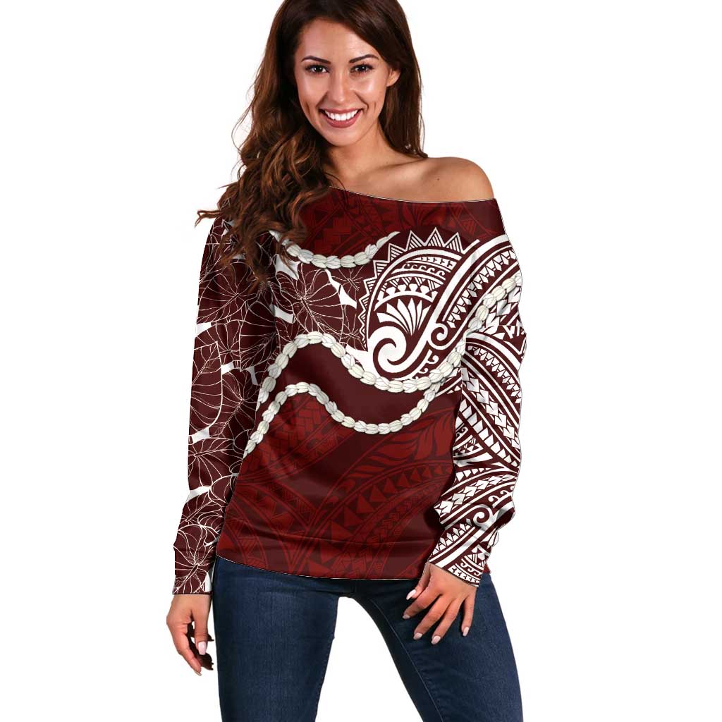 Aloha Hawaii Kalo Pikake Lei Off Shoulder Sweater Chest Tattoo Oxblood Hawaiian Pattern LT14 Women Oxblood - Polynesian Pride