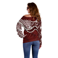 Aloha Hawaii Kalo Pikake Lei Off Shoulder Sweater Chest Tattoo Oxblood Hawaiian Pattern LT14 - Polynesian Pride