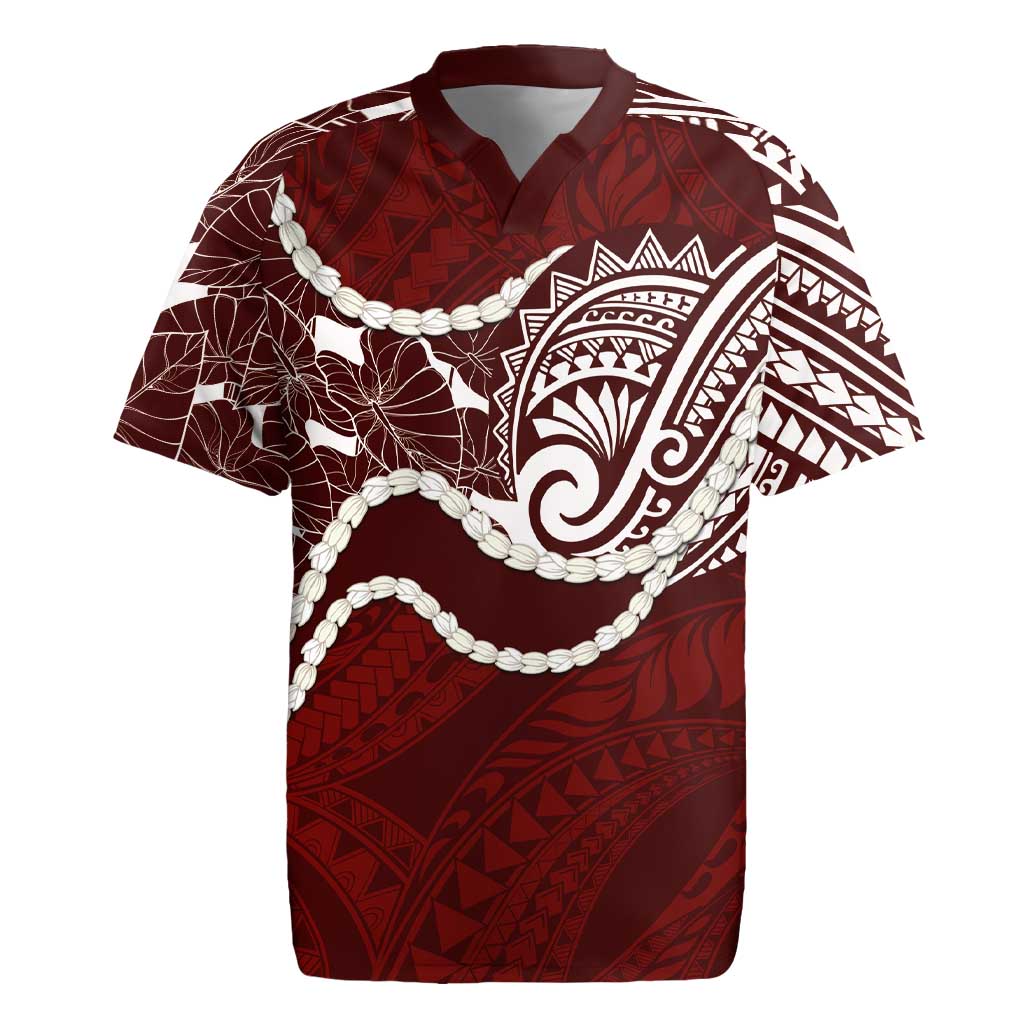 Aloha Hawaii Kalo Pikake Lei Rugby Jersey Chest Tattoo Oxblood Hawaiian Pattern LT14 Oxblood - Polynesian Pride