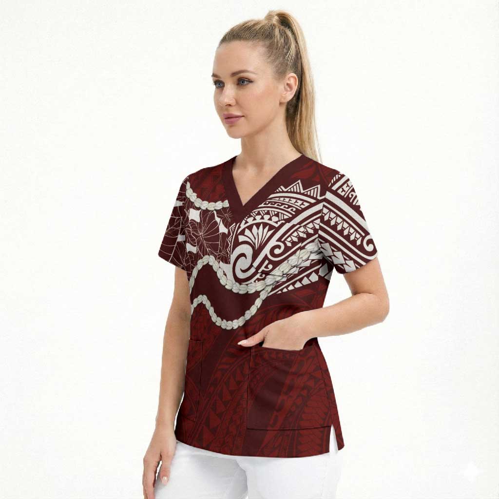 Aloha Hawaii Kalo Pikake Lei Scrub Top Chest Tattoo Oxblood Hawaiian Pattern LT14 - Polynesian Pride