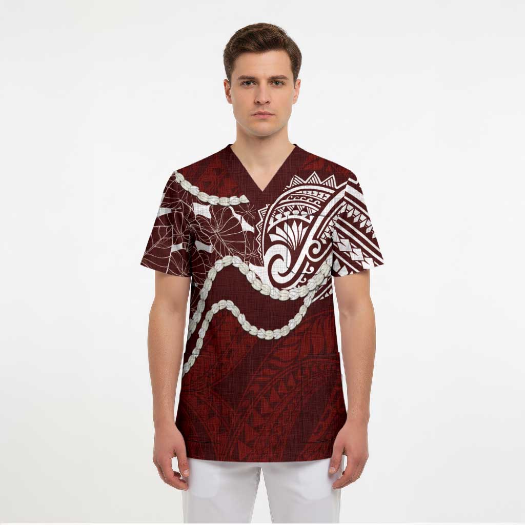 Aloha Hawaii Kalo Pikake Lei Scrub Top Chest Tattoo Oxblood Hawaiian Pattern LT14 - Polynesian Pride