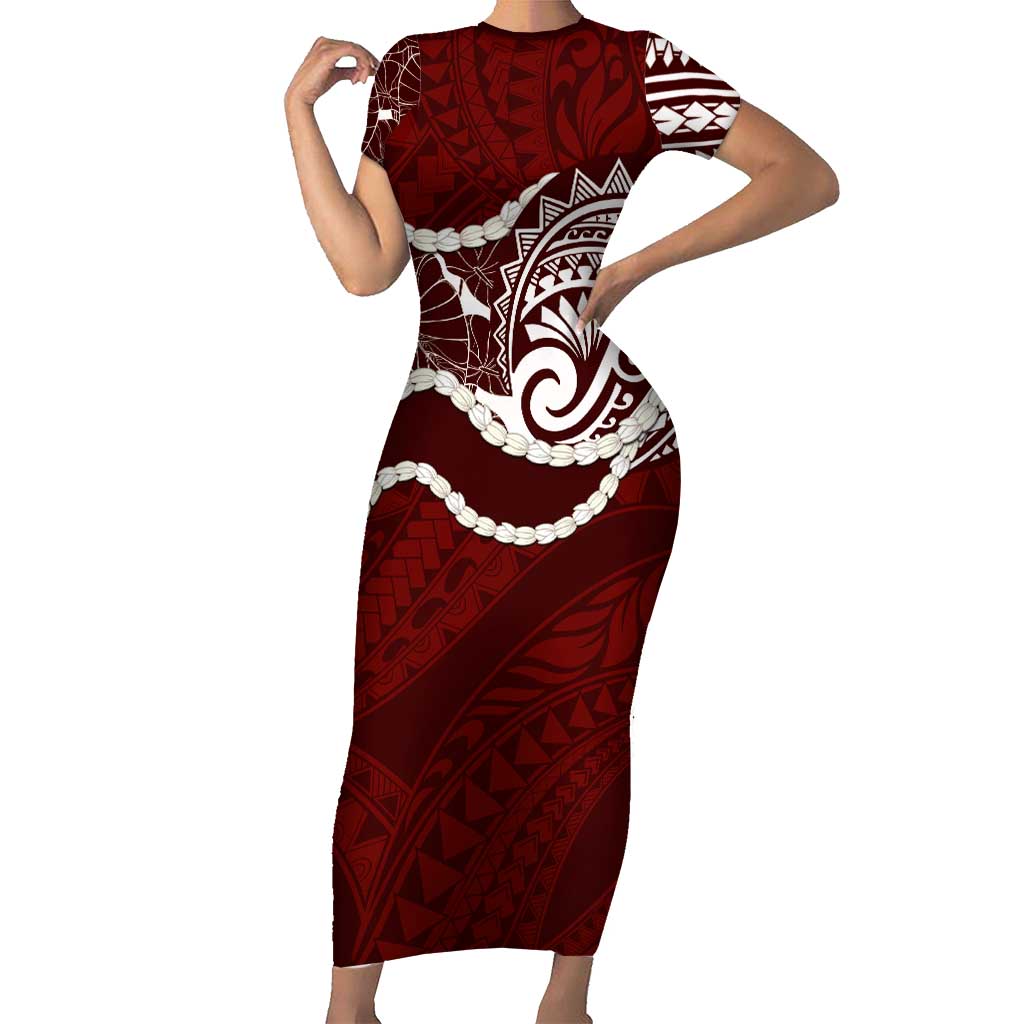 Aloha Hawaii Kalo Pikake Lei Short Sleeve Bodycon Dress Chest Tattoo Oxblood Hawaiian Pattern LT14 Long Dress Oxblood - Polynesian Pride