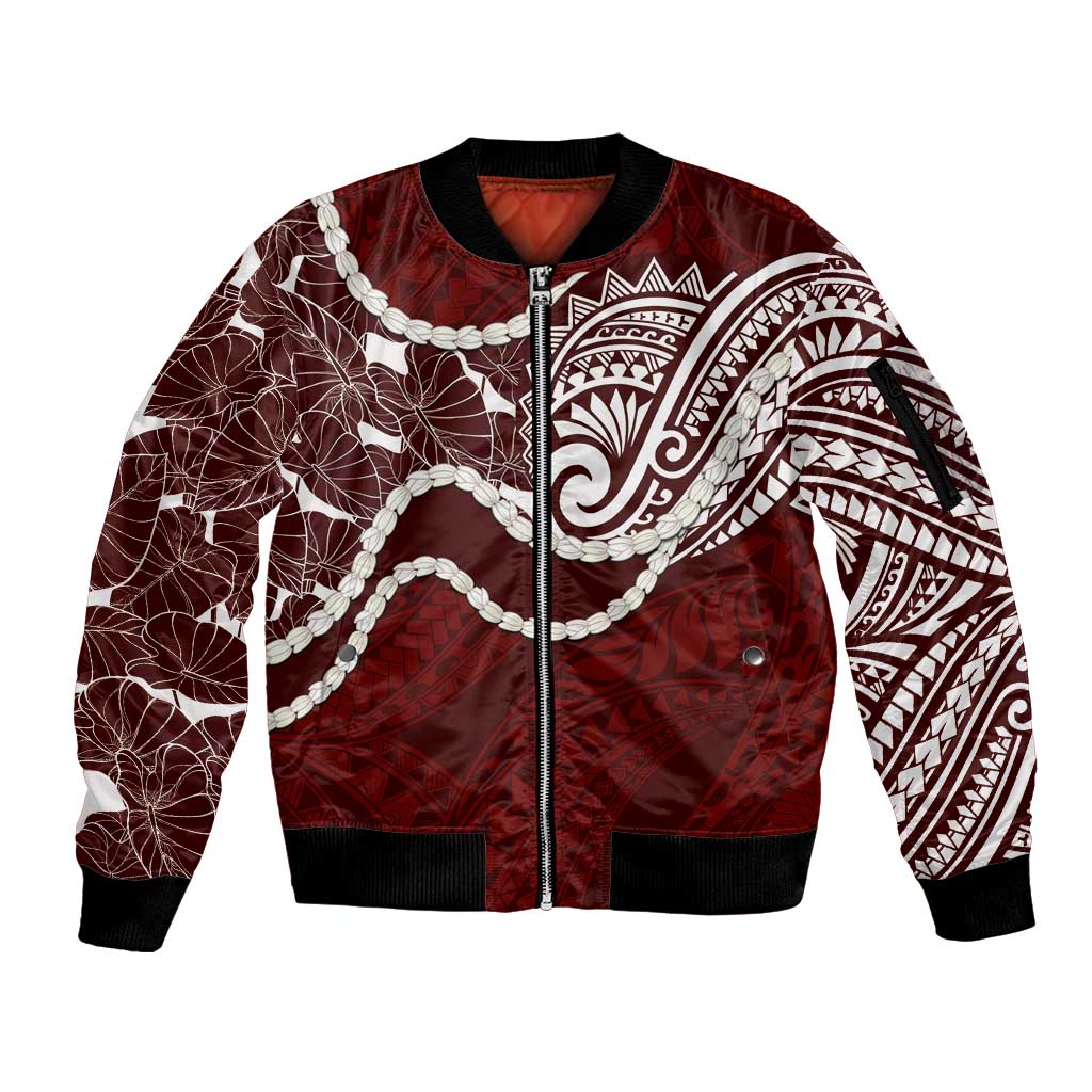 Aloha Hawaii Kalo Pikake Lei Sleeve Zip Bomber Jacket Chest Tattoo Oxblood Hawaiian Pattern LT14 Unisex Oxblood - Polynesian Pride