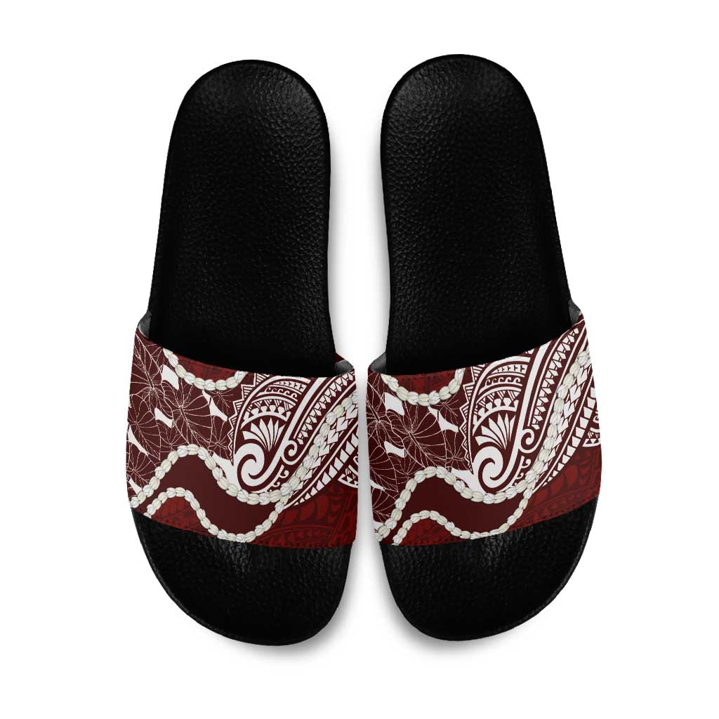 Aloha Hawaii Kalo Pikake Lei Slide Sandals Chest Tattoo Oxblood Hawaiian Pattern LT14 Oxblood - Polynesian Pride