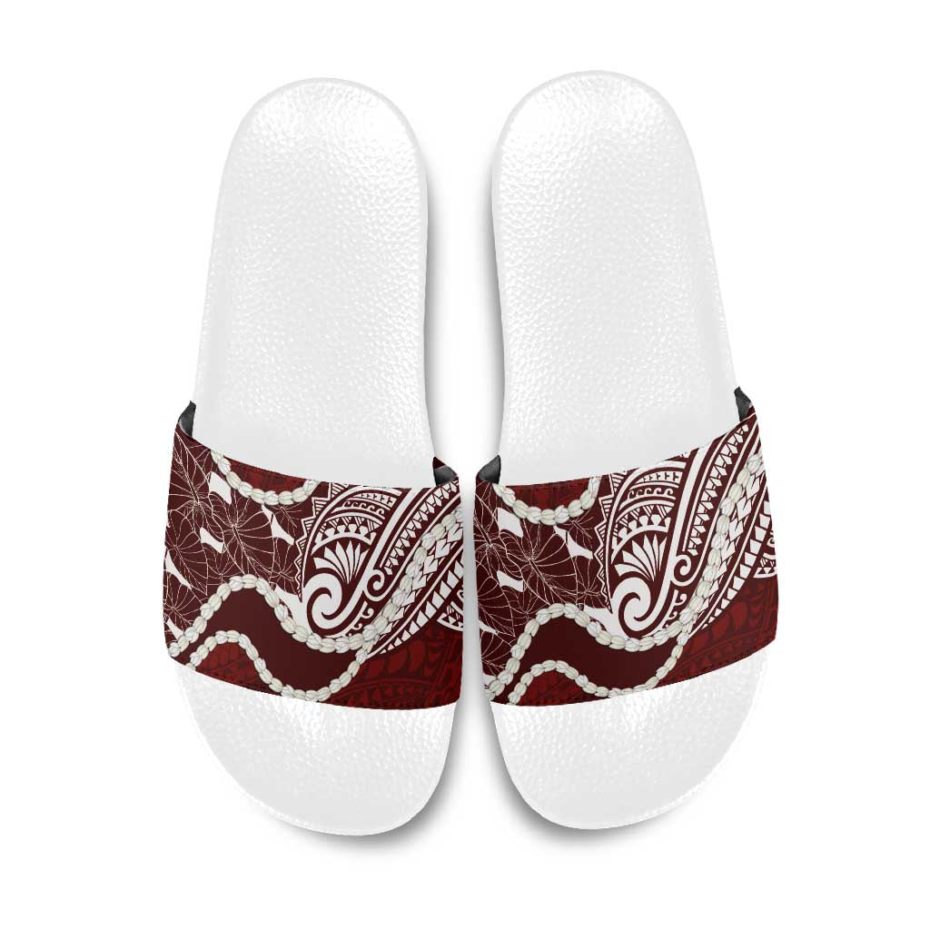 Aloha Hawaii Kalo Pikake Lei Slide Sandals Chest Tattoo Oxblood Hawaiian Pattern LT14 Oxblood - Polynesian Pride