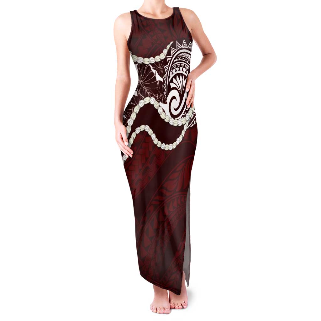 Aloha Hawaii Kalo Pikake Lei Tank Maxi Dress Chest Tattoo Oxblood Hawaiian Pattern LT14 Women Oxblood - Polynesian Pride