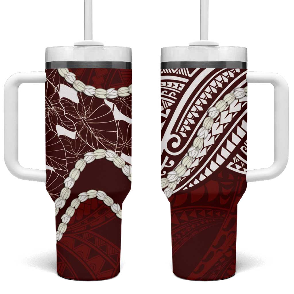 Aloha Hawaii Kalo Pikake Lei Tumbler With Handle Chest Tattoo Oxblood Hawaiian Pattern LT14 One Size: 40 oz Oxblood - Polynesian Pride