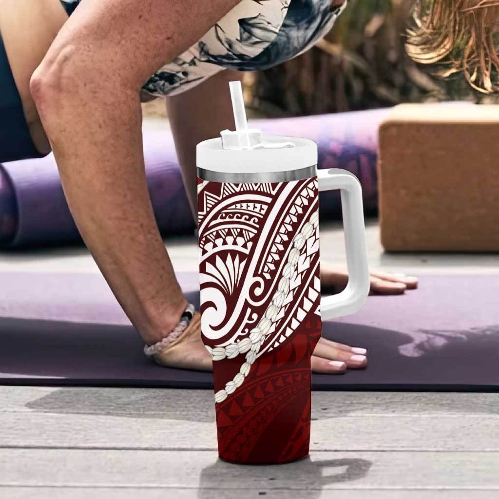Aloha Hawaii Kalo Pikake Lei Tumbler With Handle Chest Tattoo Oxblood Hawaiian Pattern LT14 - Polynesian Pride