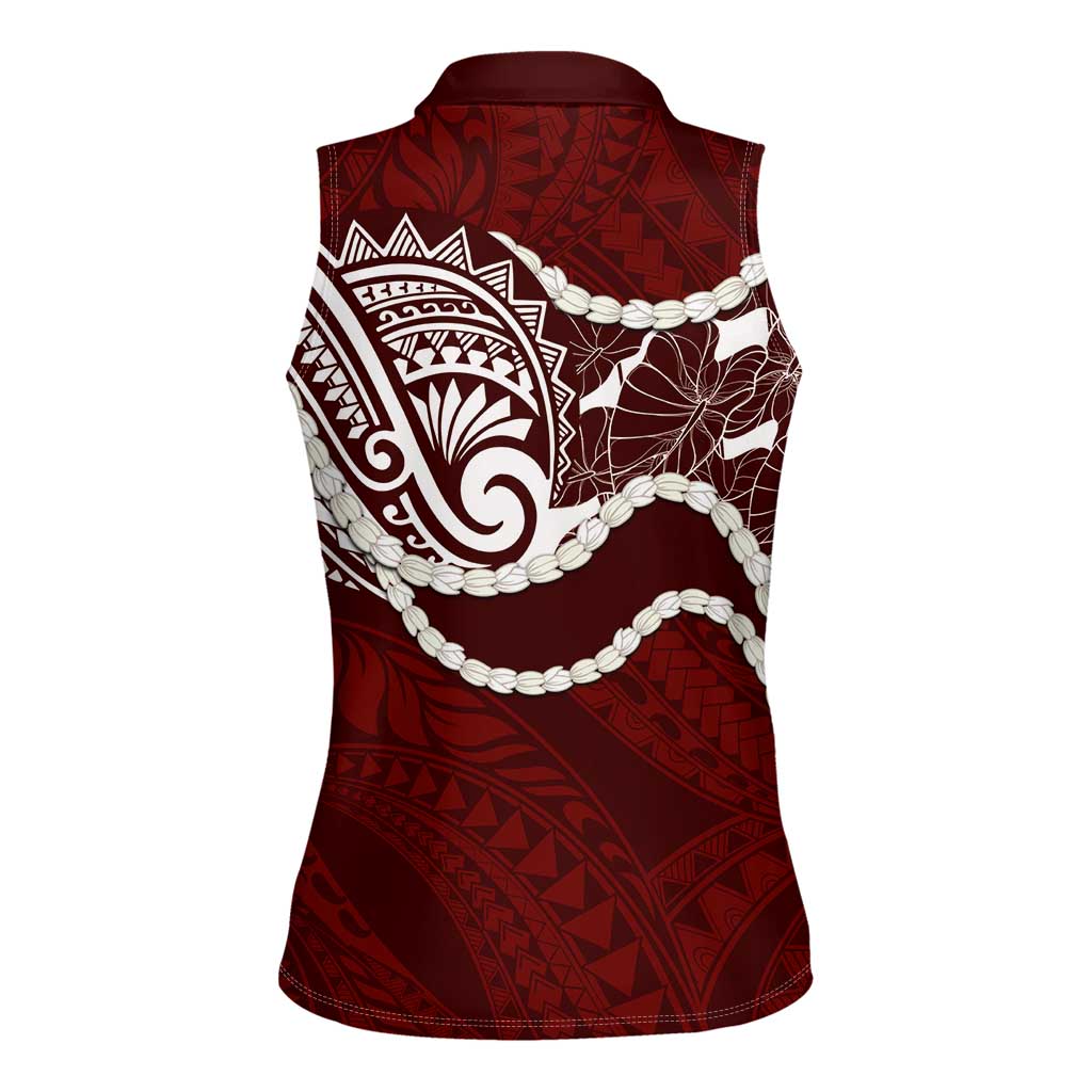 Aloha Hawaii Kalo Pikake Lei Women Sleeveless Polo Shirt Chest Tattoo Oxblood Hawaiian Pattern