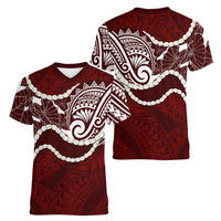 Aloha Hawaii Kalo Pikake Lei Women V-Neck T-Shirt Chest Tattoo Oxblood Hawaiian Pattern