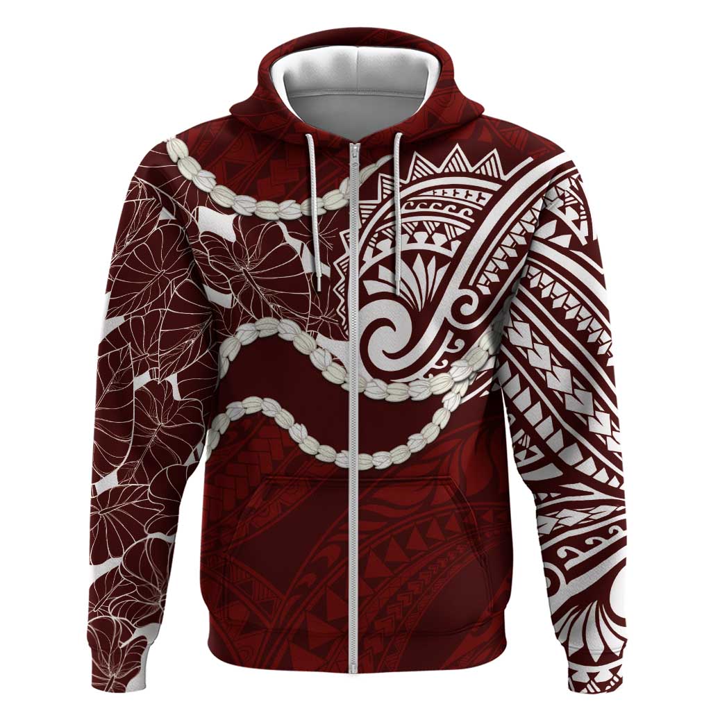 Aloha Hawaii Kalo Pikake Lei Zip Hoodie Chest Tattoo Oxblood Hawaiian Pattern LT14 Zip Hoodie Oxblood - Polynesian Pride