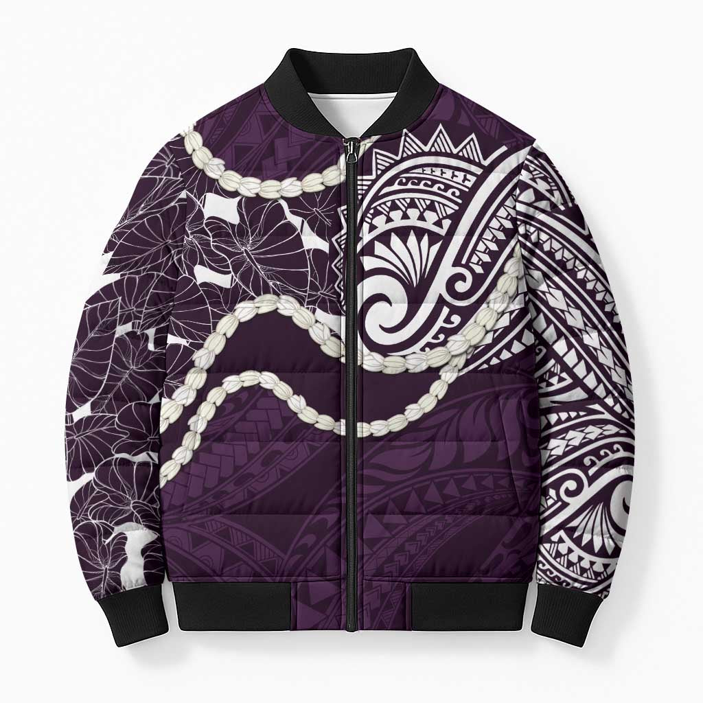 Aloha Hawaii Kalo Pikake Lei Bomber Puffer Jacket Chest Tattoo Purple Hawaiian Pattern LT14 Unisex Purple - Polynesian Pride