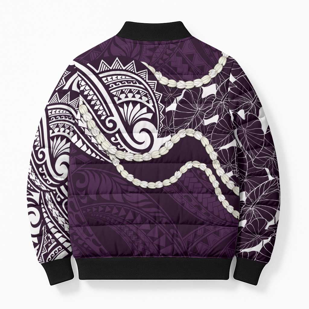 Aloha Hawaii Kalo Pikake Lei Bomber Puffer Jacket Chest Tattoo Purple Hawaiian Pattern LT14 - Polynesian Pride