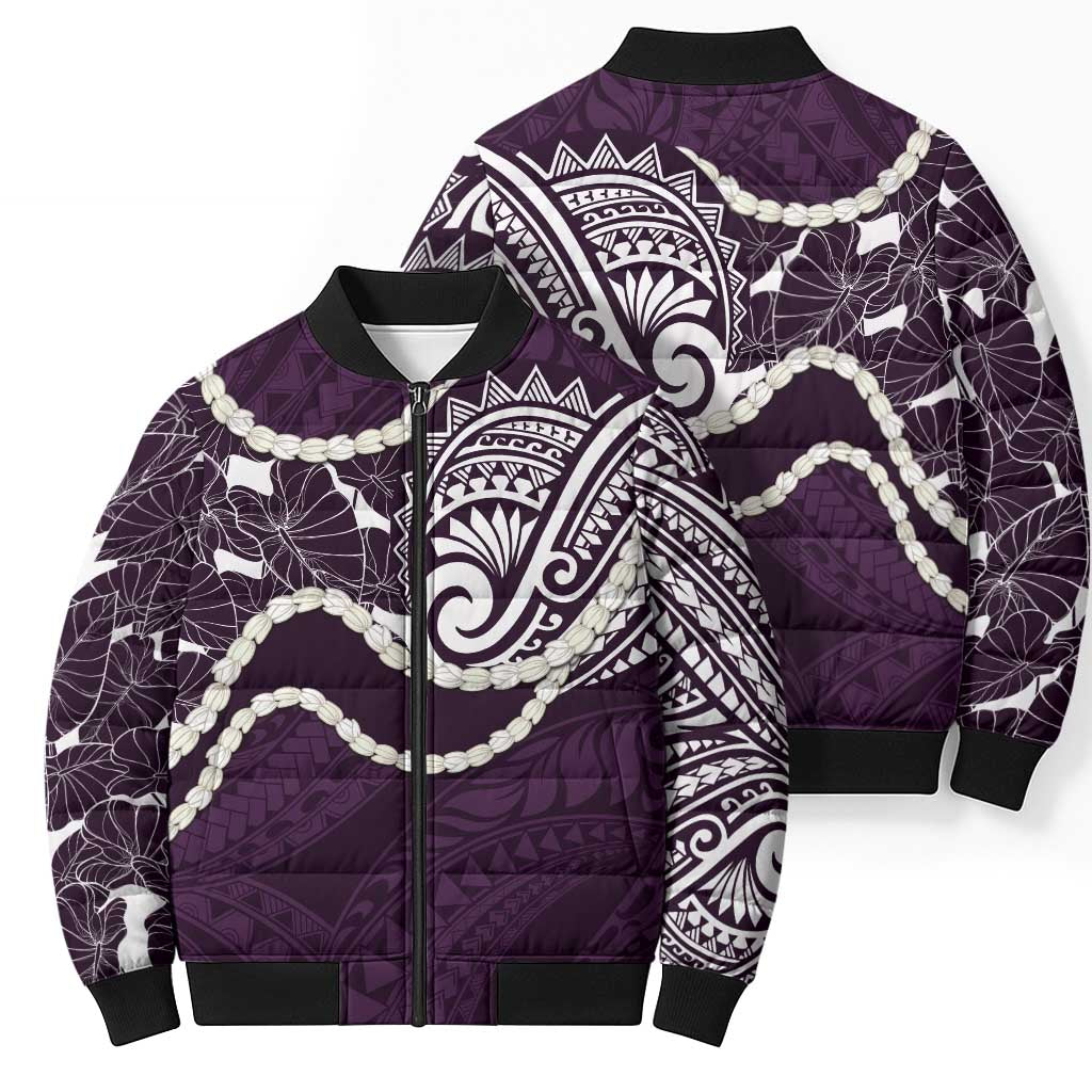 Aloha Hawaii Kalo Pikake Lei Bomber Puffer Jacket Chest Tattoo Purple Hawaiian Pattern LT14 - Polynesian Pride