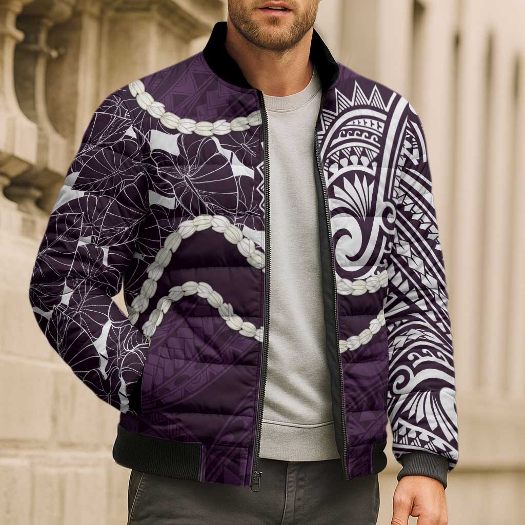 Aloha Hawaii Kalo Pikake Lei Bomber Puffer Jacket Chest Tattoo Purple Hawaiian Pattern LT14 - Polynesian Pride