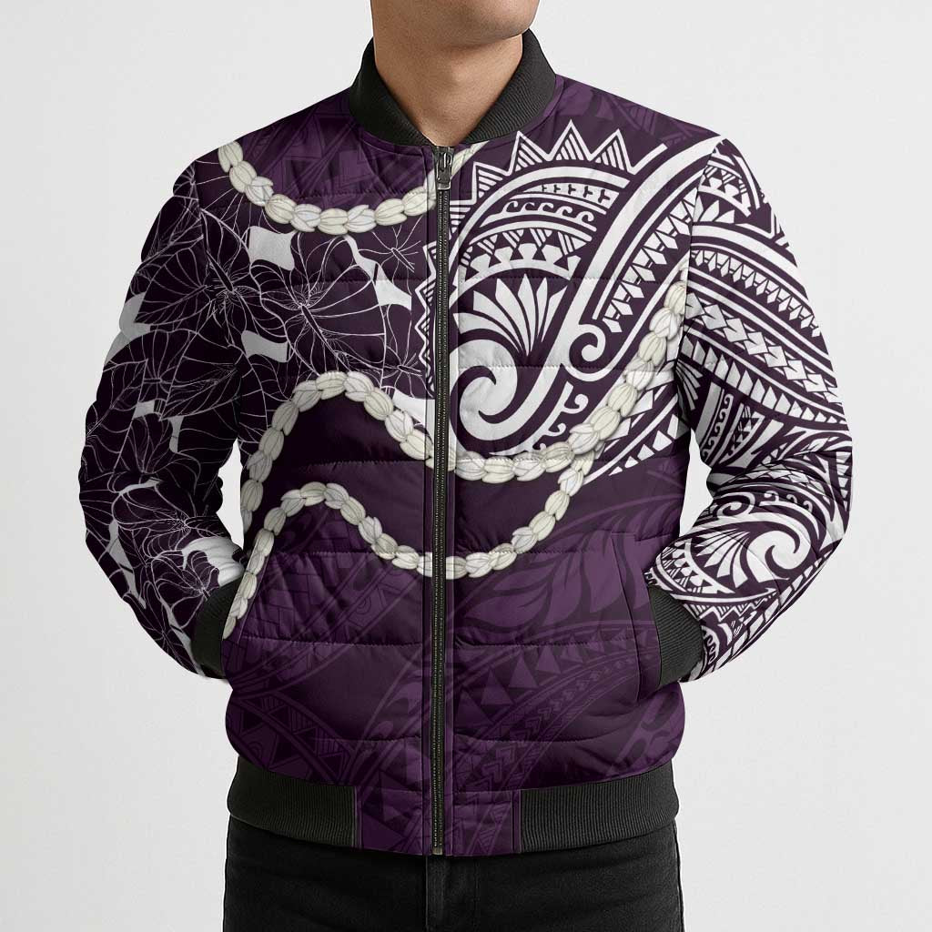 Aloha Hawaii Kalo Pikake Lei Bomber Puffer Jacket Chest Tattoo Purple Hawaiian Pattern LT14 - Polynesian Pride