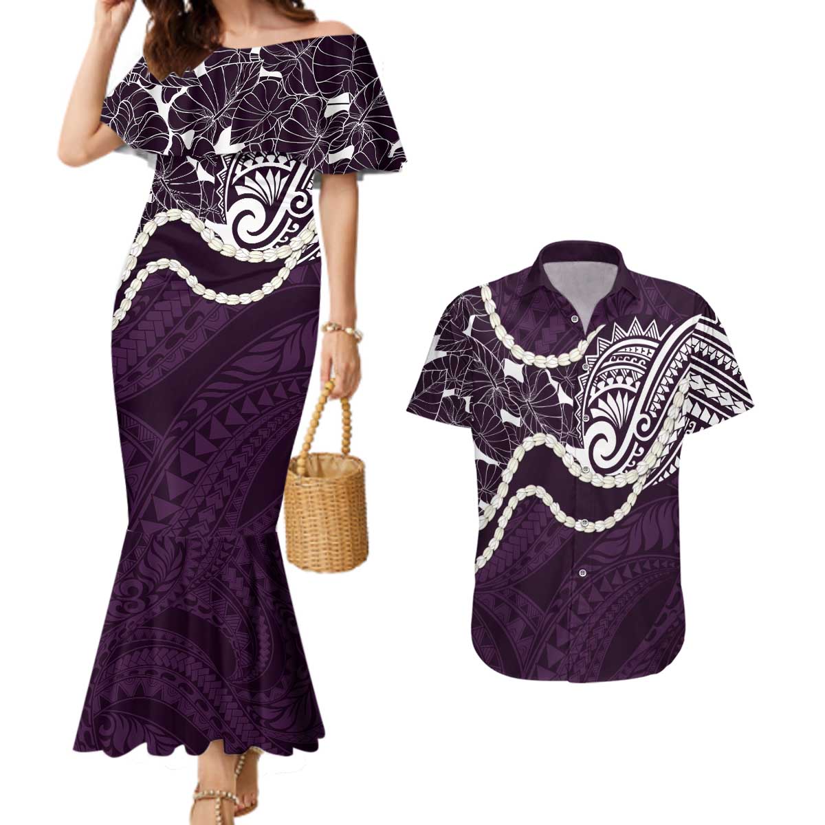 Aloha Hawaii Kalo Pikake Lei Couples Matching Mermaid Dress and Hawaiian Shirt Chest Tattoo Purple Hawaiian Pattern