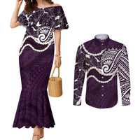 Aloha Hawaii Kalo Pikake Lei Couples Matching Mermaid Dress and Long Sleeve Button Shirt Chest Tattoo Purple Hawaiian Pattern