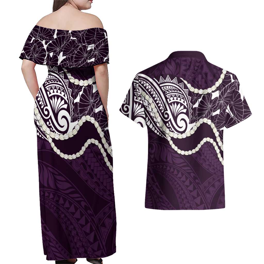 Aloha Hawaii Kalo Pikake Lei Couples Matching Off Shoulder Maxi Dress and Hawaiian Shirt Chest Tattoo Purple Hawaiian Pattern