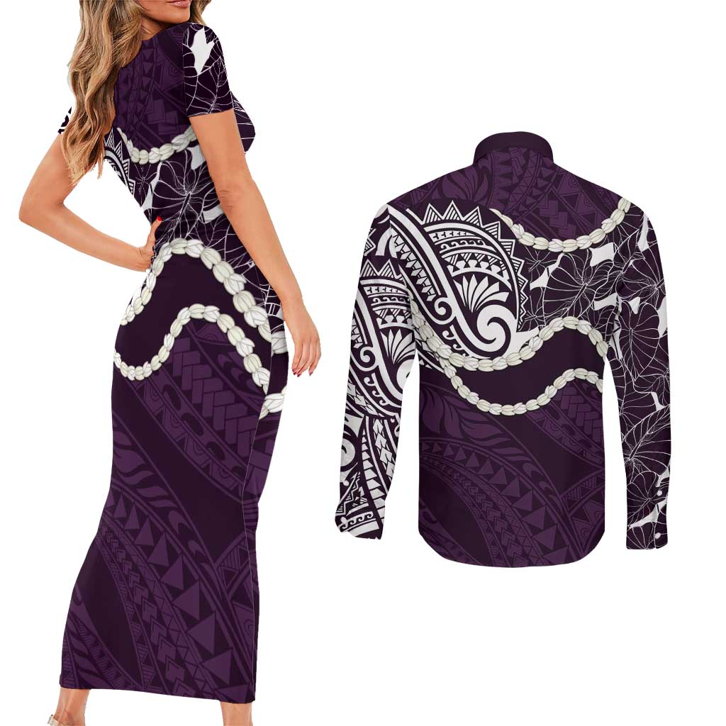 Aloha Hawaii Kalo Pikake Lei Couples Matching Short Sleeve Bodycon Dress and Long Sleeve Button Shirt Chest Tattoo Purple Hawaiian Pattern