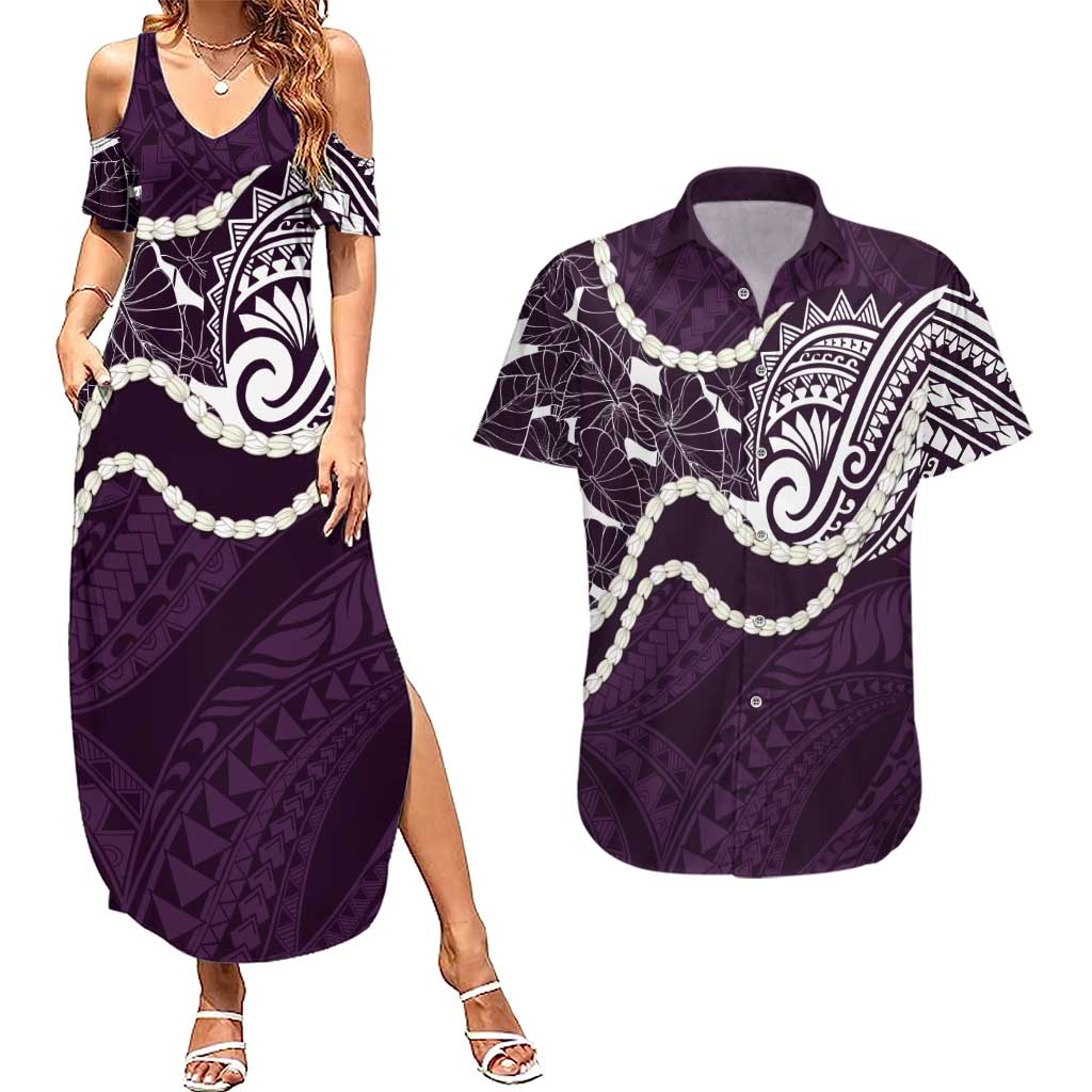 Aloha Hawaii Kalo Pikake Lei Couples Matching Summer Maxi Dress and Hawaiian Shirt Chest Tattoo Purple Hawaiian Pattern LT14 Purple - Polynesian Pride