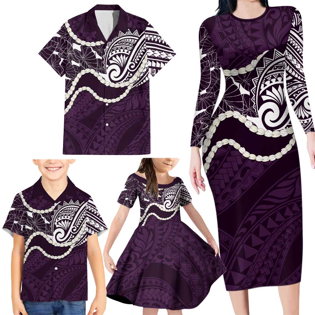 Aloha Hawaii Kalo Pikake Lei Family Matching Long Sleeve Bodycon Dress and Hawaiian Shirt Chest Tattoo Purple Hawaiian Pattern