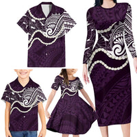 Aloha Hawaii Kalo Pikake Lei Family Matching Long Sleeve Bodycon Dress and Hawaiian Shirt Chest Tattoo Purple Hawaiian Pattern