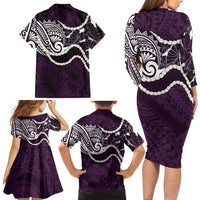 Aloha Hawaii Kalo Pikake Lei Family Matching Long Sleeve Bodycon Dress and Hawaiian Shirt Chest Tattoo Purple Hawaiian Pattern