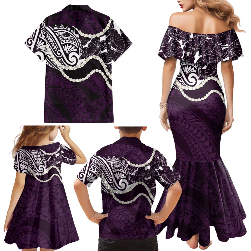 Aloha Hawaii Kalo Pikake Lei Family Matching Mermaid Dress and Hawaiian Shirt Chest Tattoo Purple Hawaiian Pattern