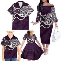 Aloha Hawaii Kalo Pikake Lei Family Matching Off The Shoulder Long Sleeve Dress and Hawaiian Shirt Chest Tattoo Purple Hawaiian Pattern