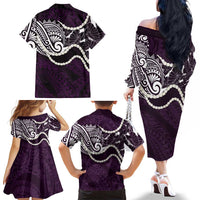 Aloha Hawaii Kalo Pikake Lei Family Matching Off The Shoulder Long Sleeve Dress and Hawaiian Shirt Chest Tattoo Purple Hawaiian Pattern