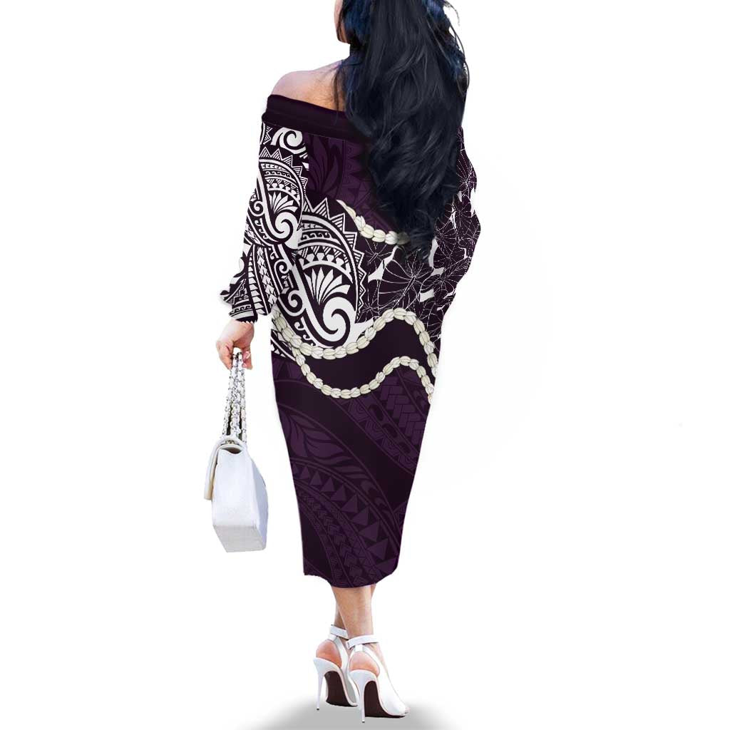 Aloha Hawaii Kalo Pikake Lei Family Matching Off The Shoulder Long Sleeve Dress and Hawaiian Shirt Chest Tattoo Purple Hawaiian Pattern