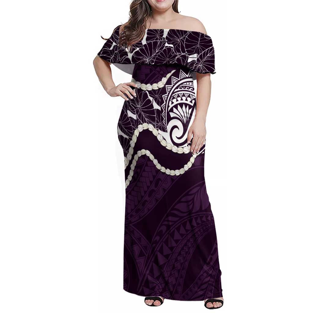 Aloha Hawaii Kalo Pikake Lei Family Matching Off Shoulder Maxi Dress and Hawaiian Shirt Chest Tattoo Purple Hawaiian Pattern