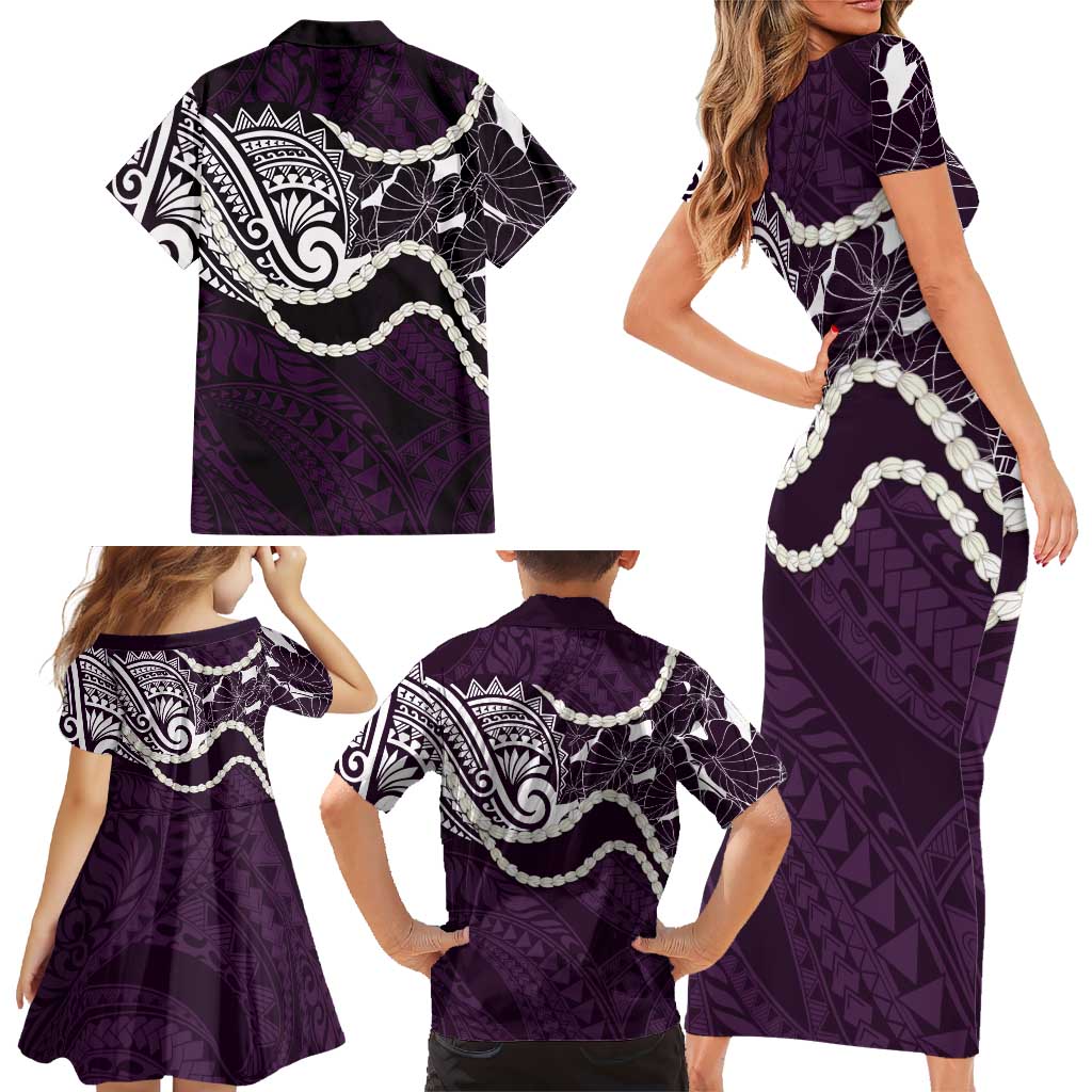Aloha Hawaii Kalo Pikake Lei Family Matching Short Sleeve Bodycon Dress and Hawaiian Shirt Chest Tattoo Purple Hawaiian Pattern