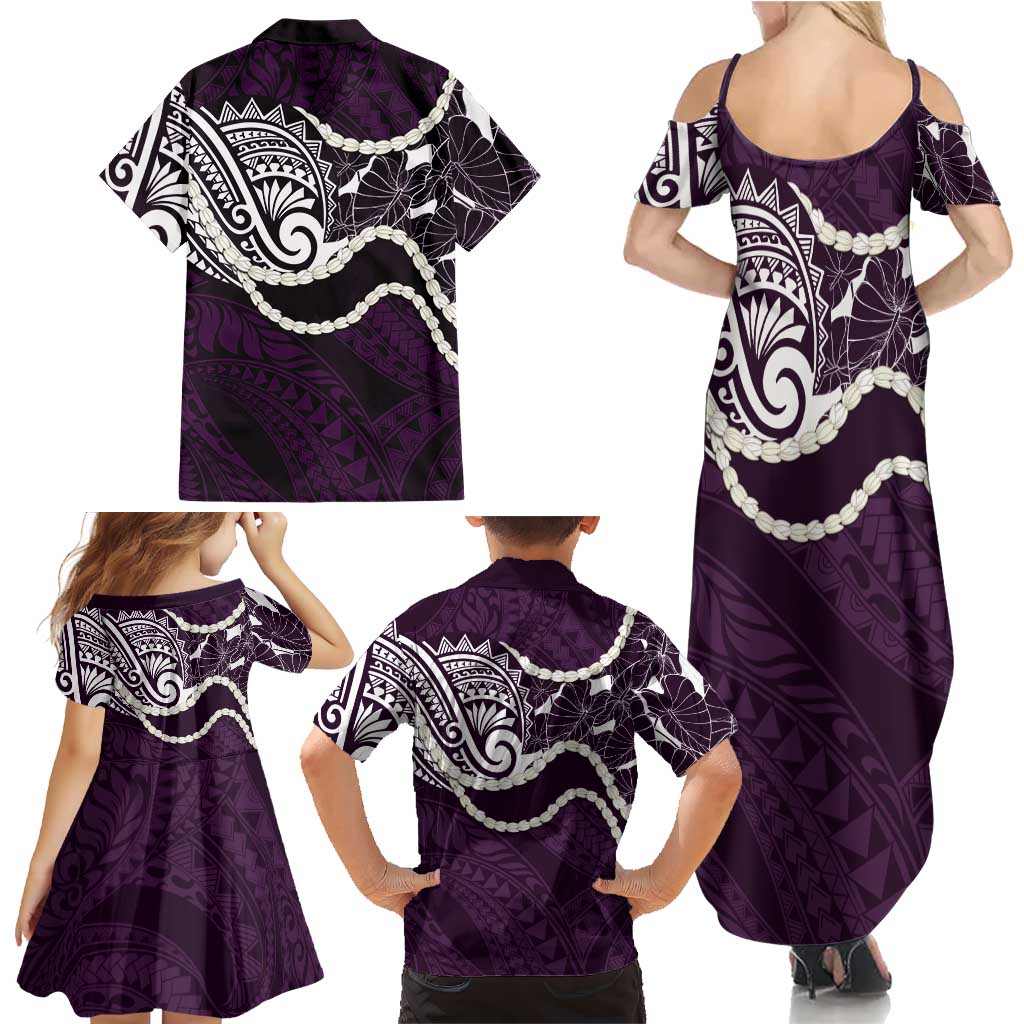 Aloha Hawaii Kalo Pikake Lei Family Matching Summer Maxi Dress and Hawaiian Shirt Chest Tattoo Purple Hawaiian Pattern
