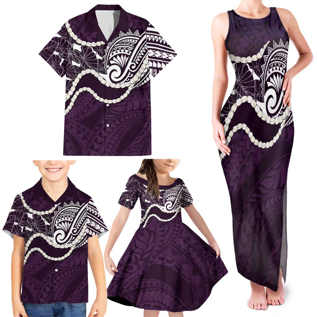 Aloha Hawaii Kalo Pikake Lei Family Matching Tank Maxi Dress and Hawaiian Shirt Chest Tattoo Purple Hawaiian Pattern
