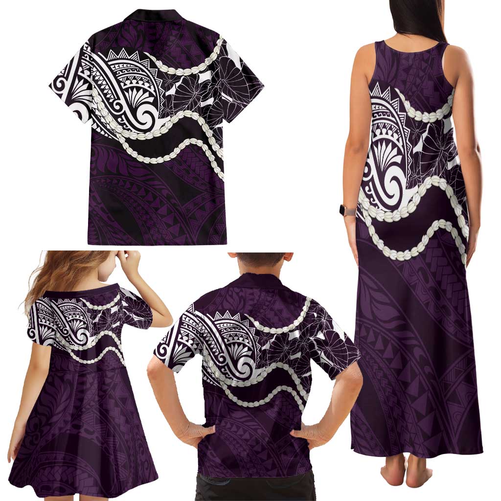 Aloha Hawaii Kalo Pikake Lei Family Matching Tank Maxi Dress and Hawaiian Shirt Chest Tattoo Purple Hawaiian Pattern