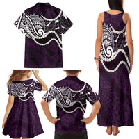Aloha Hawaii Kalo Pikake Lei Family Matching Tank Maxi Dress and Hawaiian Shirt Chest Tattoo Purple Hawaiian Pattern