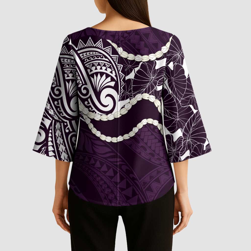 Aloha Hawaii Kalo Pikake Lei Kimono Sleeve Blouse Chest Tattoo Purple Hawaiian Pattern LT14 - Polynesian Pride